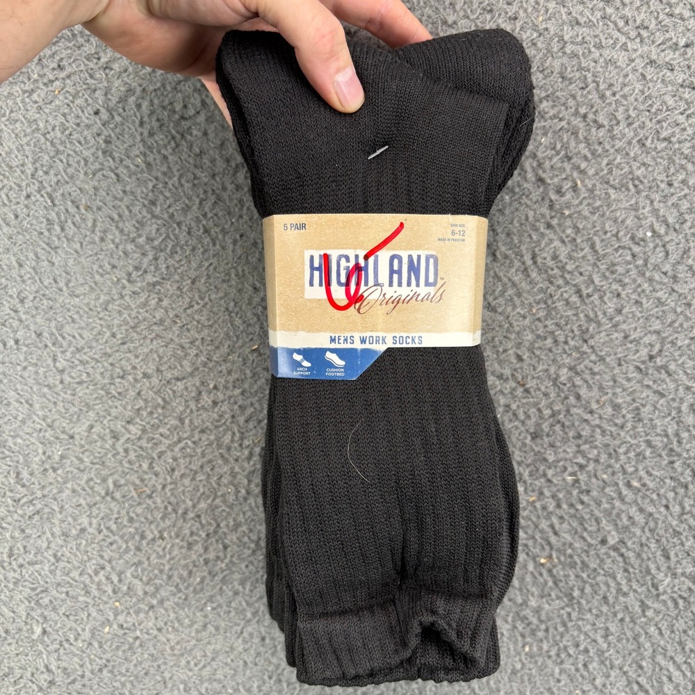 Highland Originals Mens Work Socks 5 Pair‎ Black Shoe Size 6-12 Arch Support New